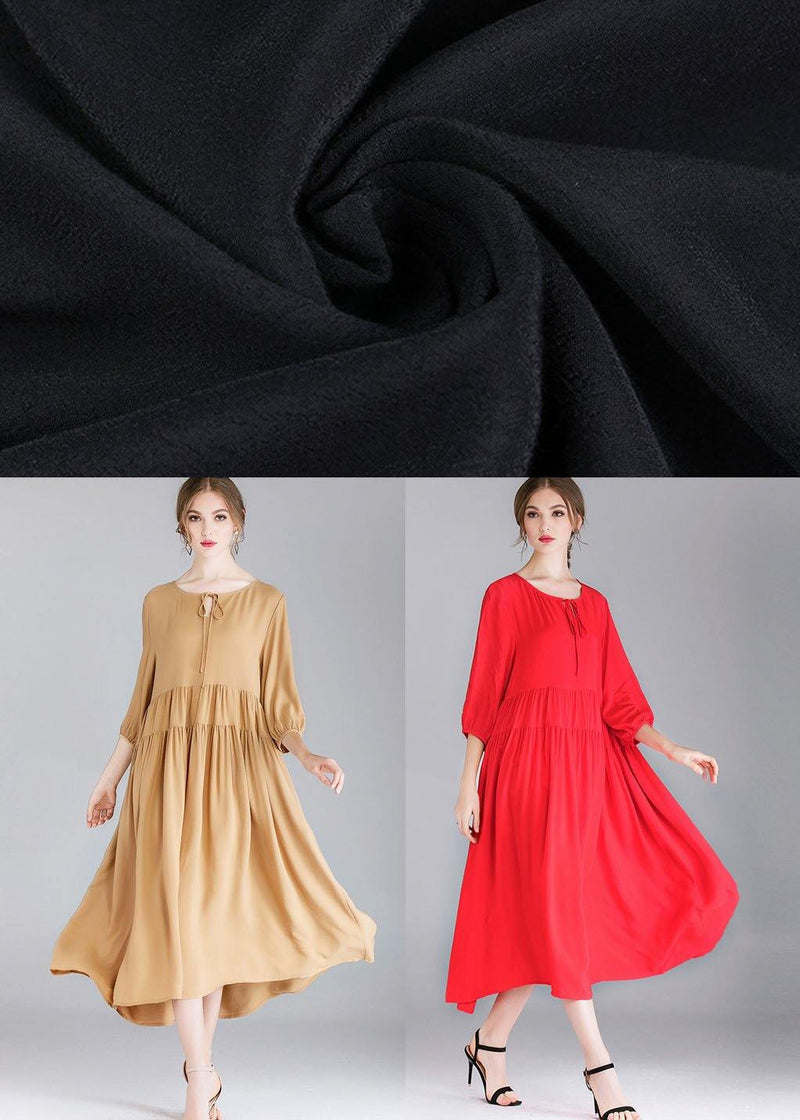 Red Loose Wrinkled Spring Holiday Dress Three Quarter Sleeve