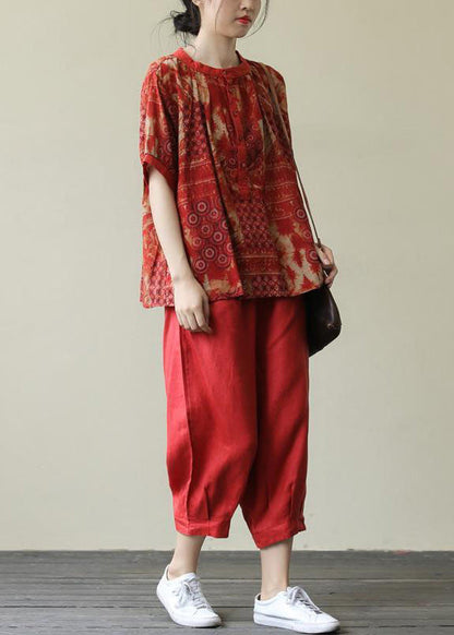 Red O-neck Button Top and Harem Pants Two Pieces Set Short Sleeve