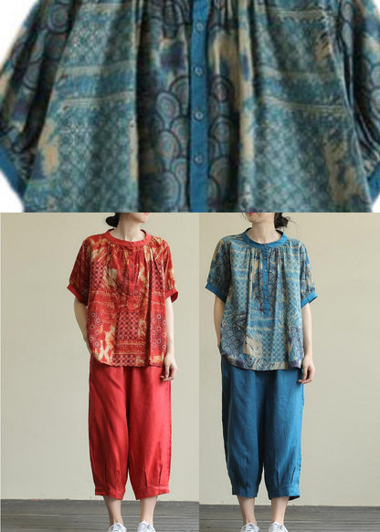 Red O-neck Button Top and Harem Pants Two Pieces Set Short Sleeve