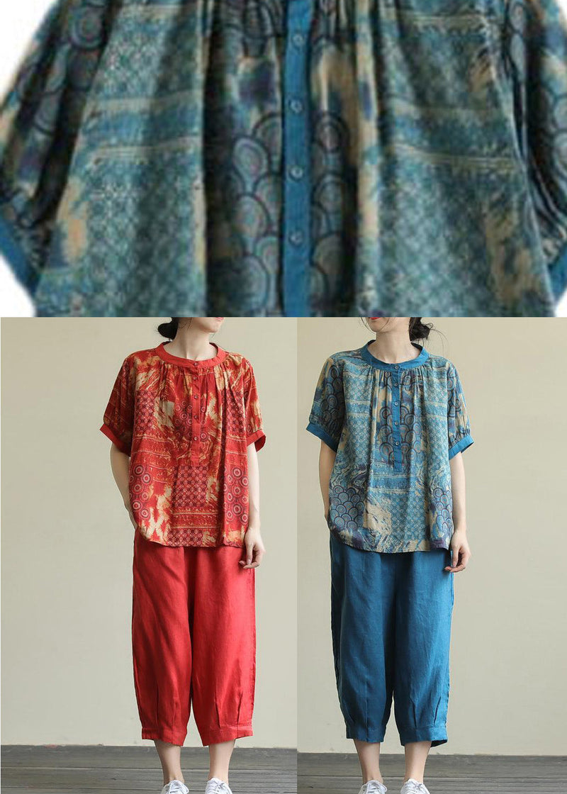 Red O-neck Button Top and Harem Pants Two Pieces Set Short Sleeve
