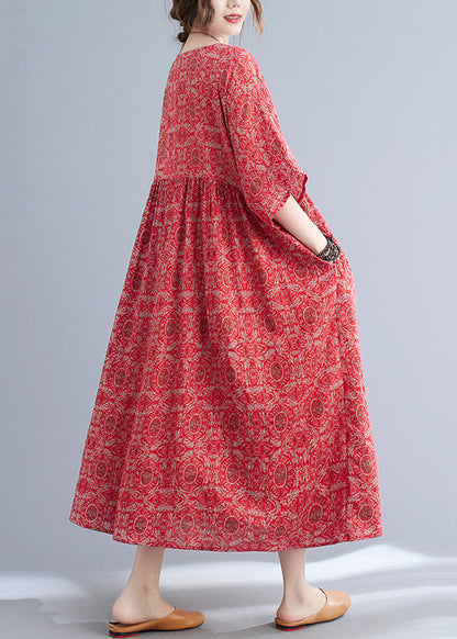 Red O-neck Print Maxi Dress Summer