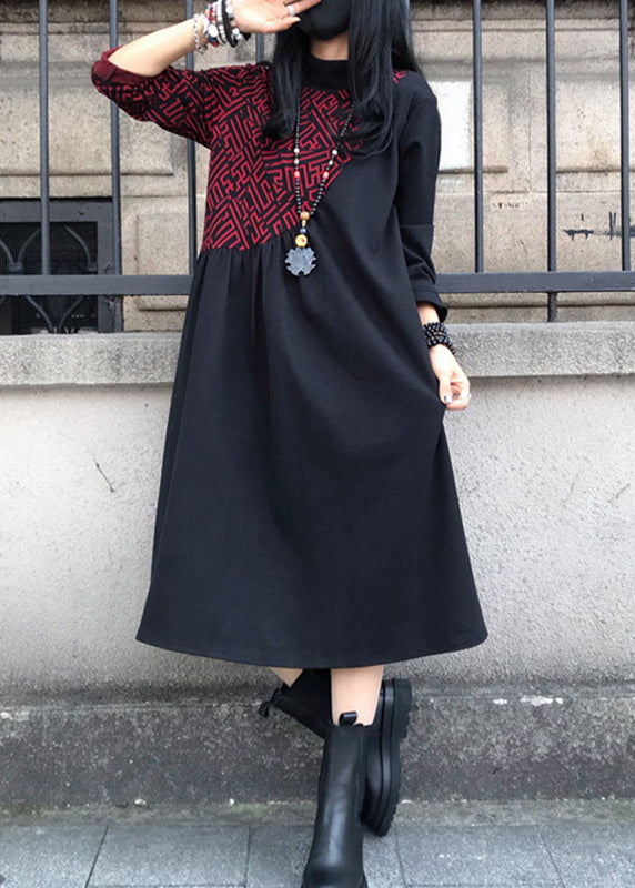 Red O-neck Print Wrinkled Cotton Maxi Dresses Long Sleeve