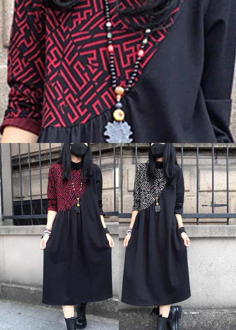 Red O-neck Print Wrinkled Cotton Maxi Dresses Long Sleeve