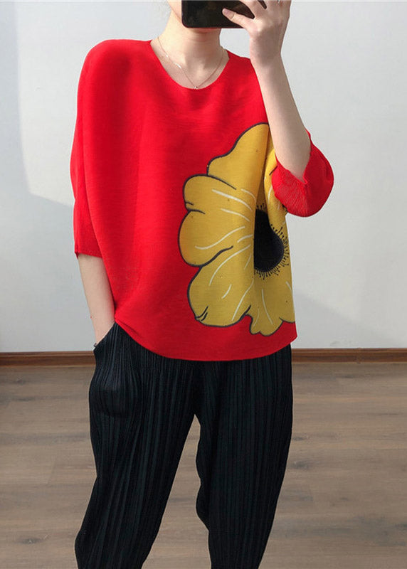 Red O-neck Print Wrinkled Tops Half Sleeve