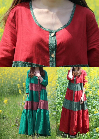 Red O-neck Wrinkled Patchwork Long Dresses Spring