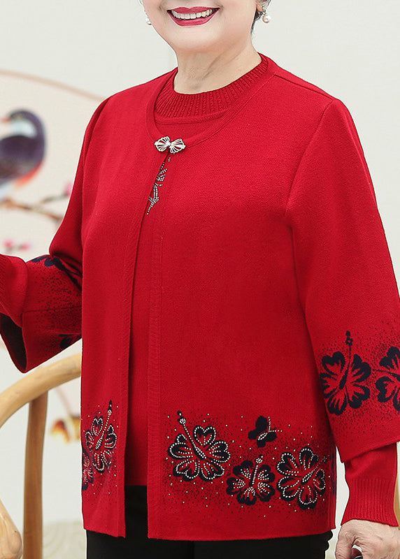 Red O-neck Zircon Cotton Knit Coats and Sweaters Two Pieces Set Spring