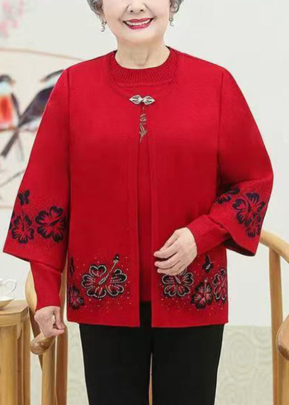 Red O-neck Zircon Cotton Knit Coats and Sweaters Two Pieces Set Spring