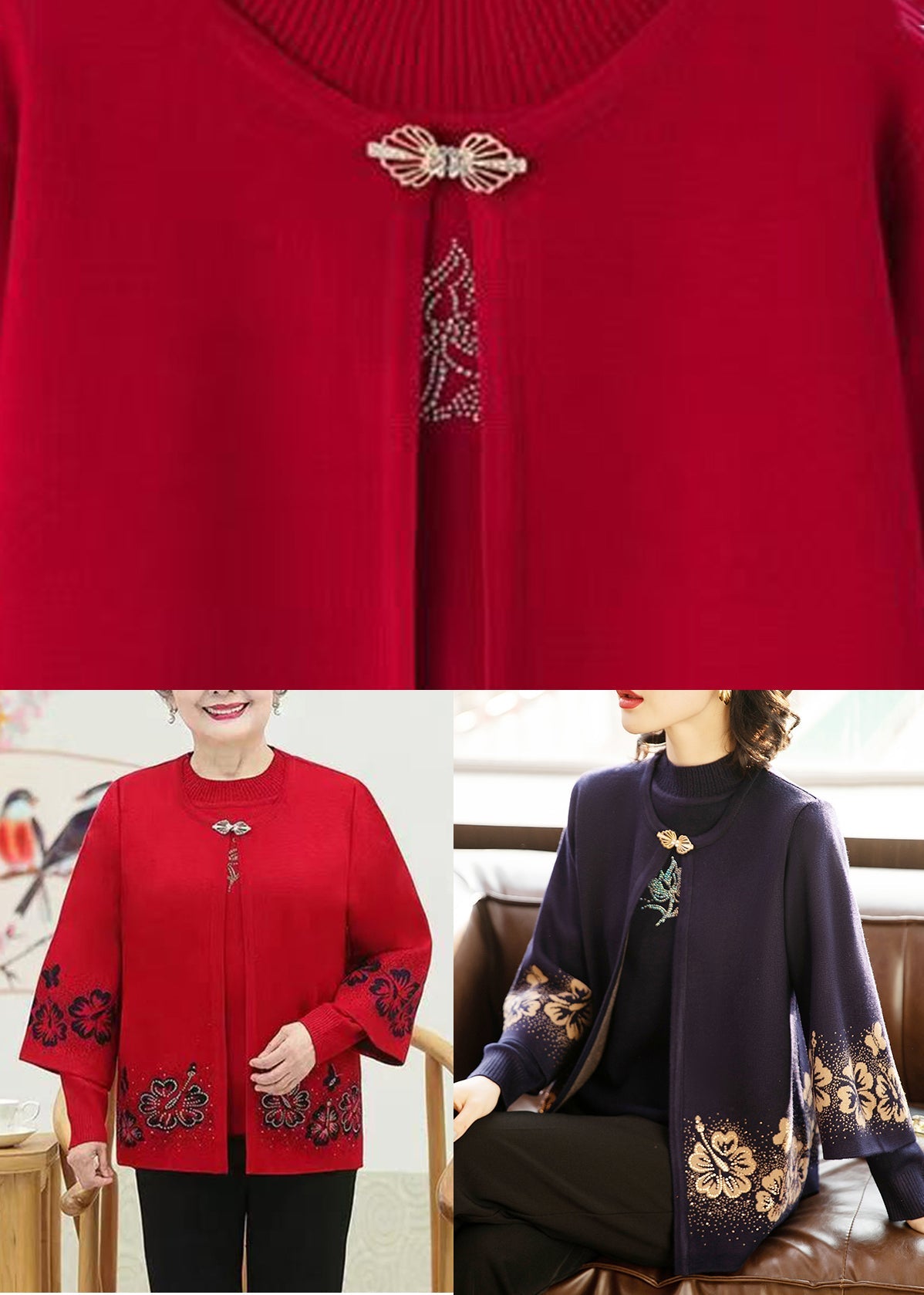 Red O-neck Zircon Cotton Knit Coats and Sweaters Two Pieces Set Spring