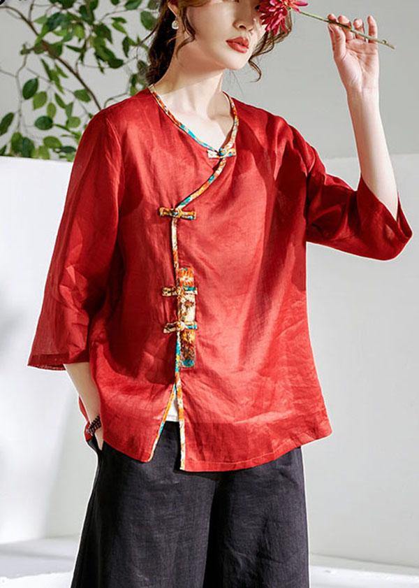 Red Oriental O-neck Summer Ramie Shirts