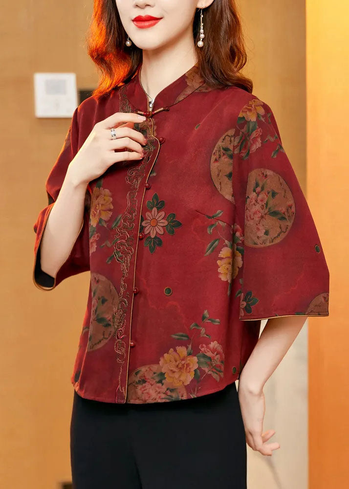 Red Oriental Silk Shirt and Wide Leg Pants Two Piece Set Button Summer