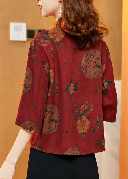 Red Oriental Silk Shirt and Wide Leg Pants Two Piece Set Button Summer