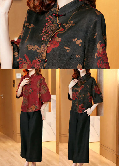 Red Oriental Silk Shirt and Wide Leg Pants Two Piece Set Button Summer