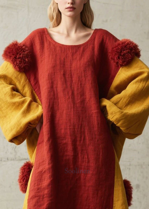 Red Patchwork Cotton Maxi Dress Oversized Fuzzy Ball Decorated Fall