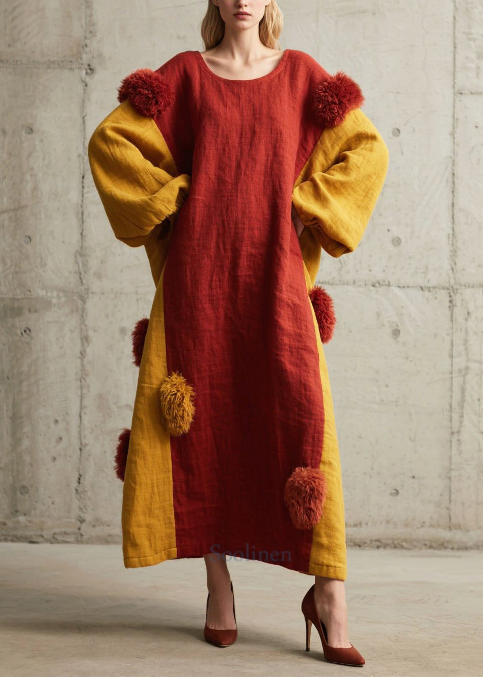 Red Patchwork Cotton Maxi Dress Oversized Fuzzy Ball Decorated Fall