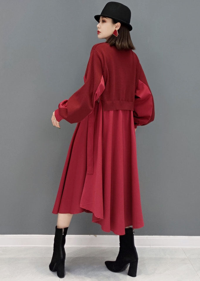 Red Patchwork Knit Cotton Long Dresses Color Button Long Sleeve
