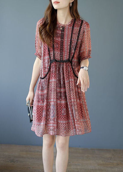 Red Patchwork Lace Chiffon a Line Dresses O-neck Summer