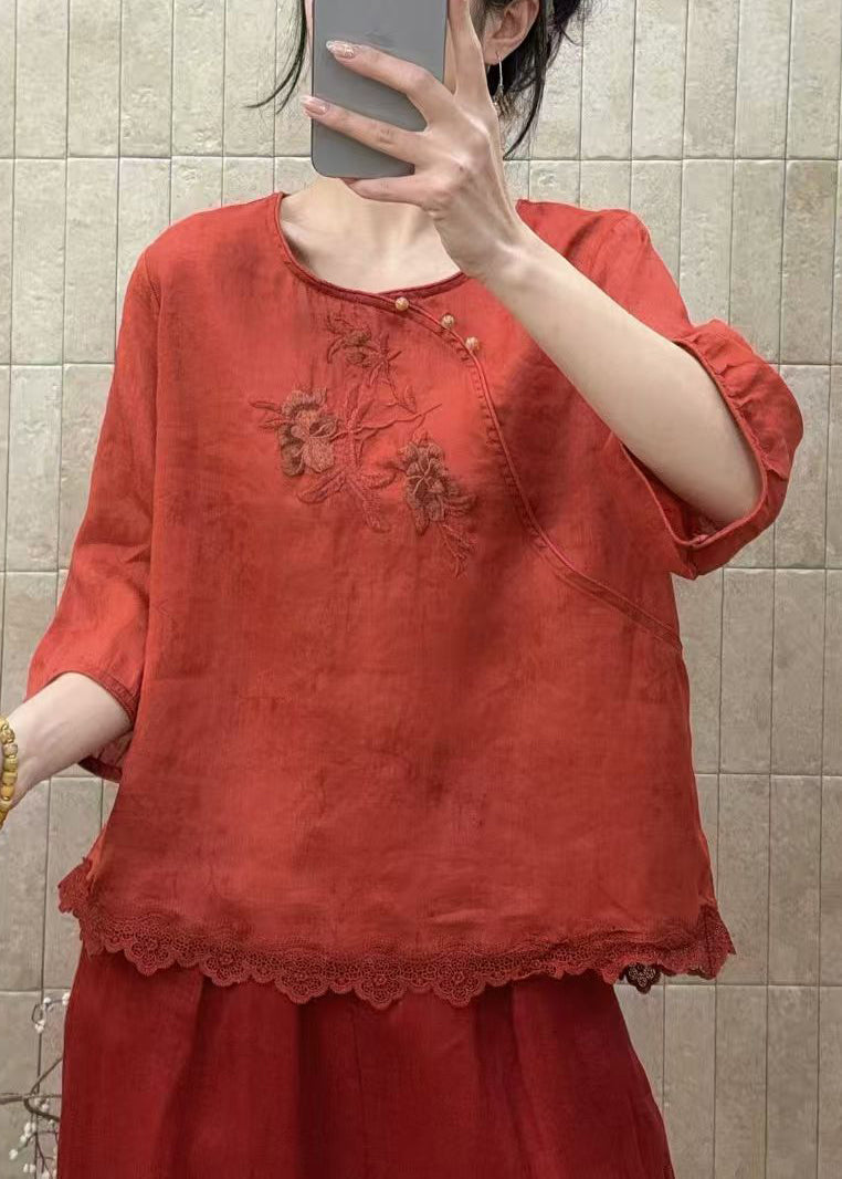 Red Patchwork Lace Shirt Tops Embroidered O-neck Half Sleeve