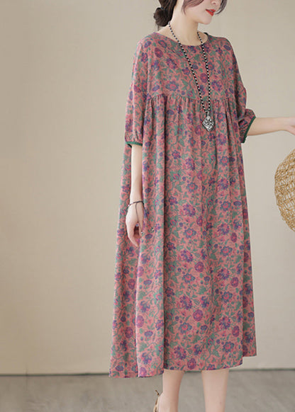 Red Patchwork Linen Maxi Dresses Oversized Print Summer