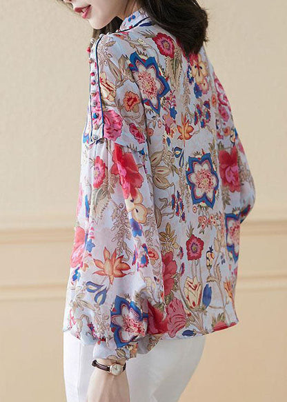 Red Patchwork Loose Silk Shirts lantern sleeve