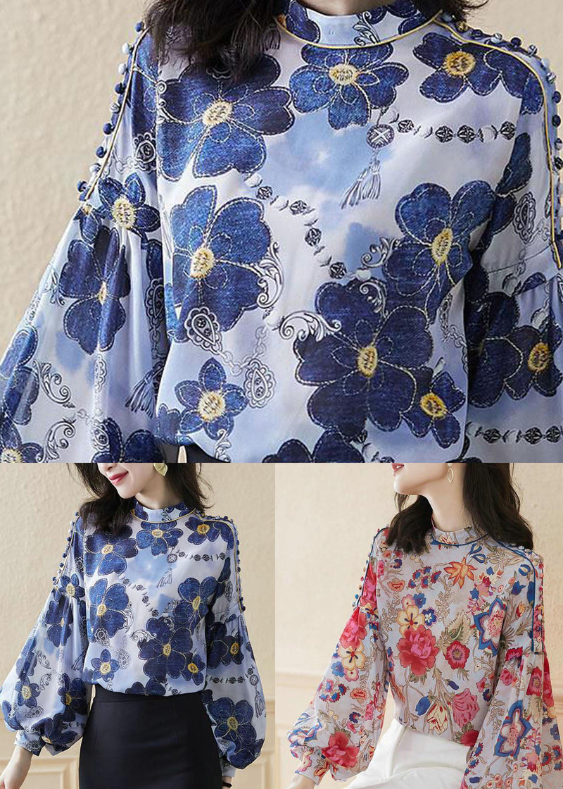 Red Patchwork Loose Silk Shirts Lantern Sleeve
