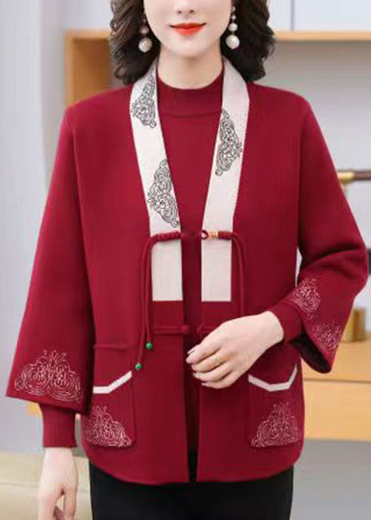 Red Patchwork Pockets Cotton Knit Coats and Sweaters Two Piece Set Three Quarter Sleeve