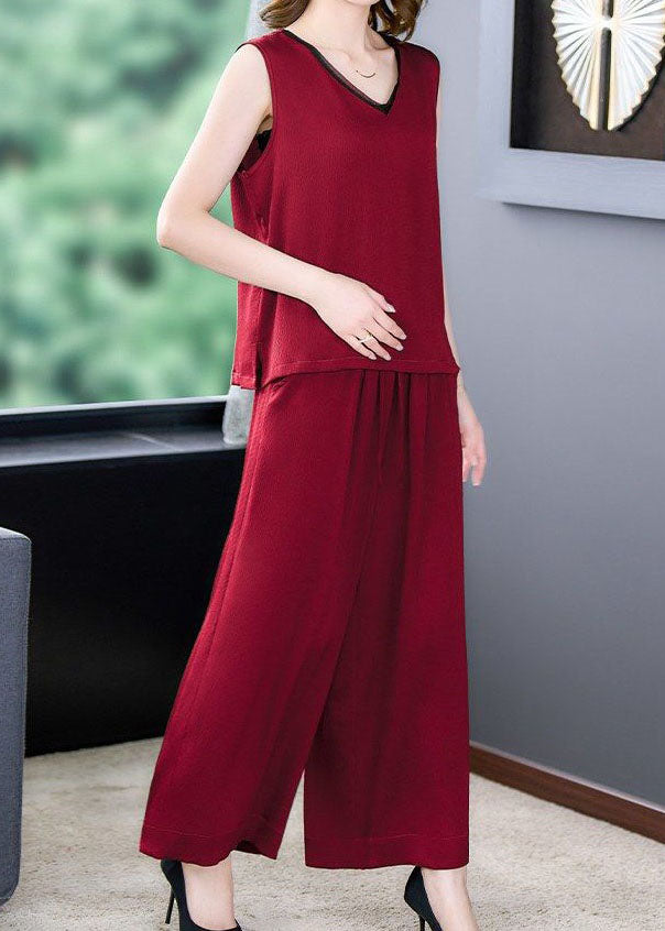 Red Patchwork Silk Tops and Pants Two Piece Set V Neck Sleeveless