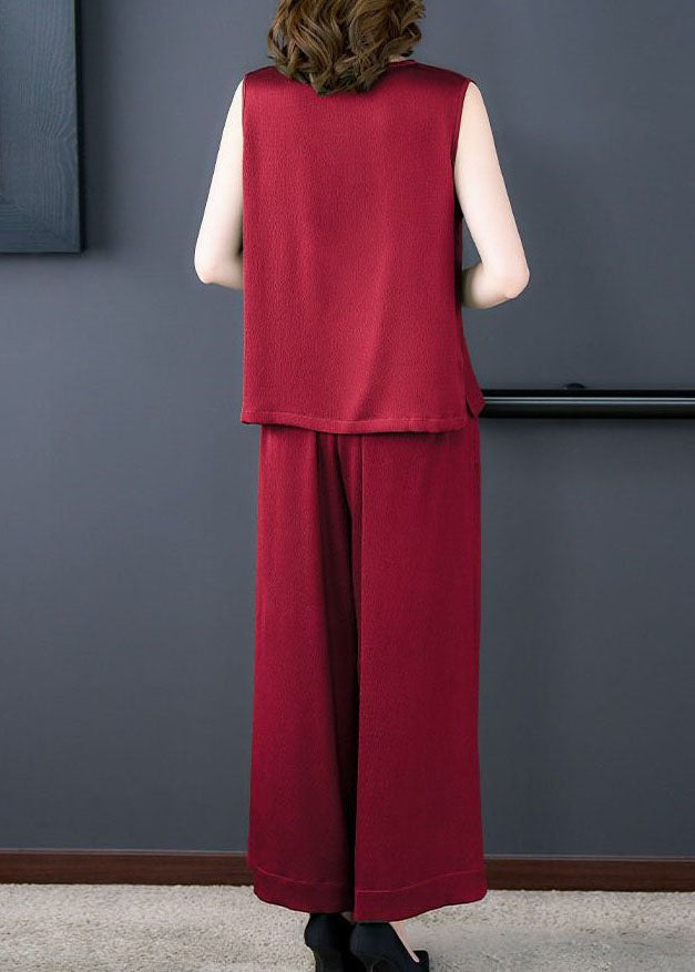 Red Patchwork Silk Tops and Pants Two Piece Set V Neck Sleeveless