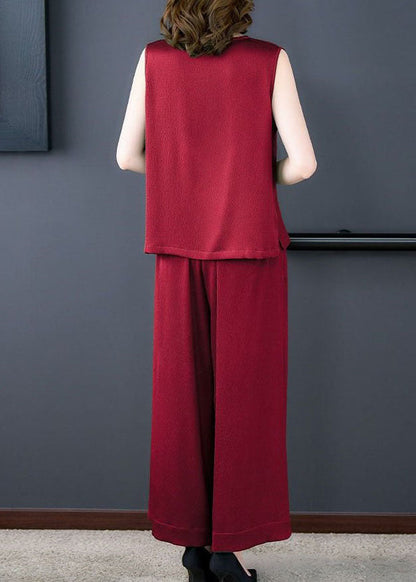 Red Patchwork Silk Tops and Pants Two Piece Set V Neck Sleeveless