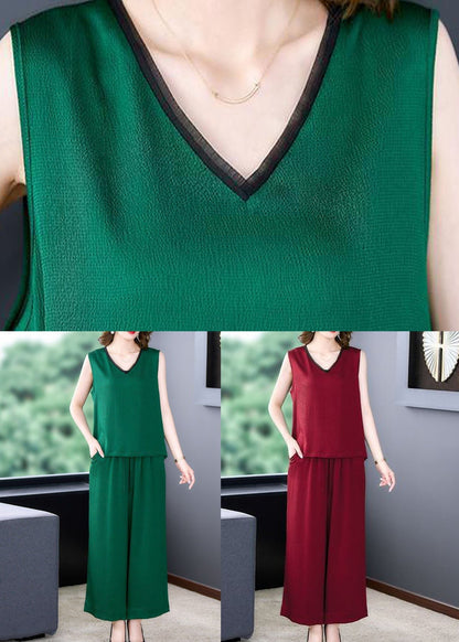 Red Patchwork Silk Tops and Pants Two Piece Set V Neck Sleeveless