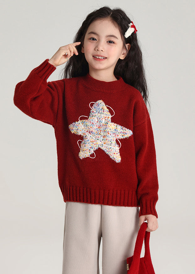 Red Patchwork Thick Cotton Knit Sweater Spring