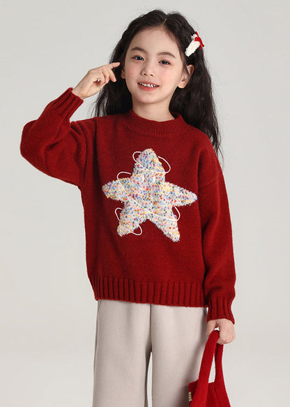 Red Patchwork Thick Cotton Knit Sweater Spring
