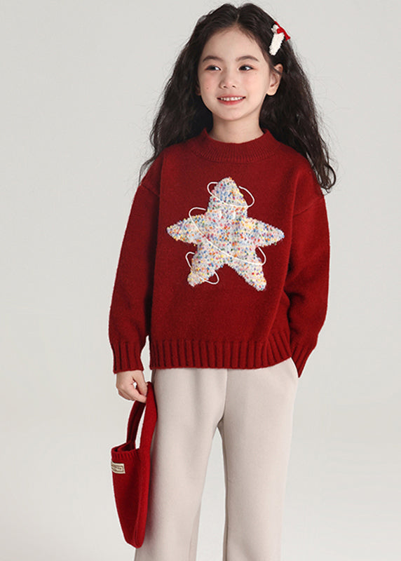 Red Patchwork Thick Cotton Knit Sweater Spring