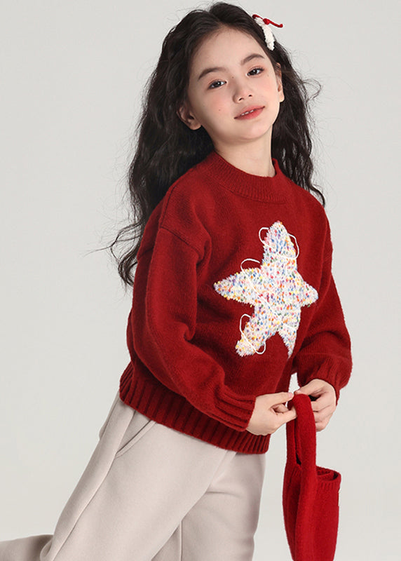 Red Patchwork Thick Cotton Knit Sweater Spring