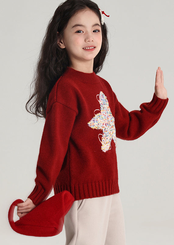 Red Patchwork Thick Cotton Knit Sweater Spring