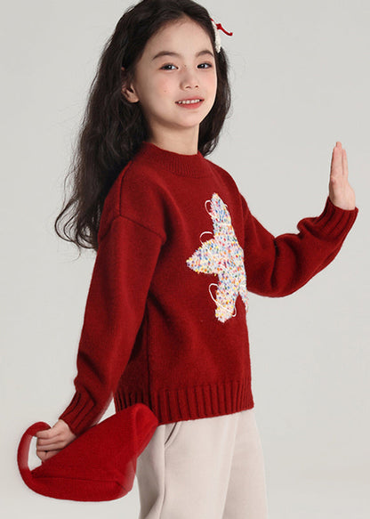 Red Patchwork Thick Cotton Knit Sweater Spring