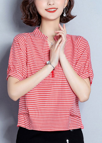 Red Plaid Chiffon Blouses Oversized Wrinkled Short Sleeve