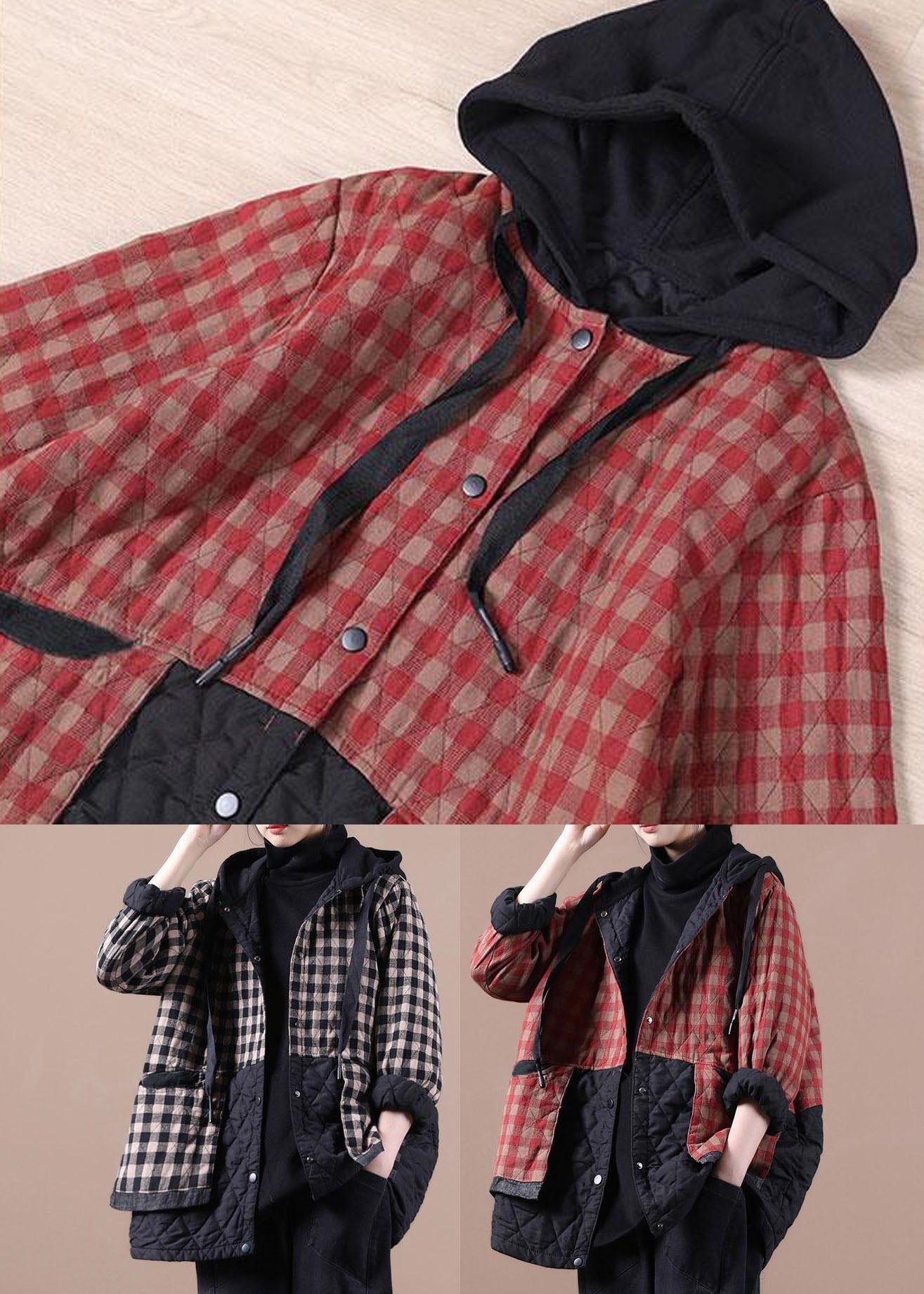 Red Plaid Patchwork Winter Parkas