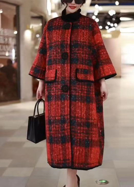 Red Plaid Pockets Woolen Winter Coat O Neck