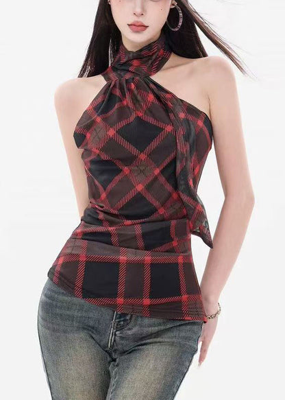 Red Plaid Slim Fit Cotton Tank Cold Shoulder Sleeveless