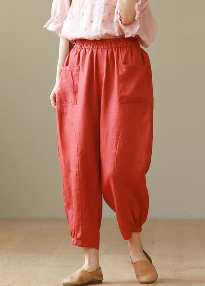 Red Pockets Cotton Crop Pants High Waist Summer