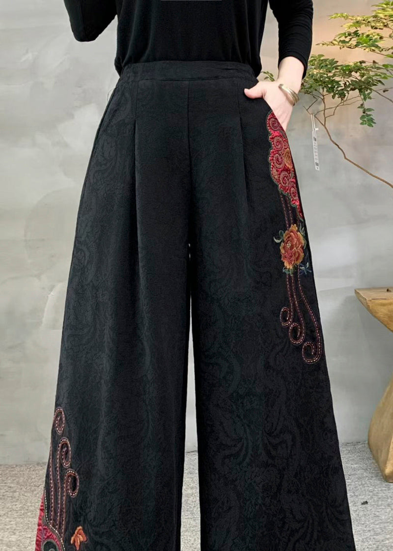 Red Pockets Warm Fleece Pants Embroidered Elastic Waist Winter