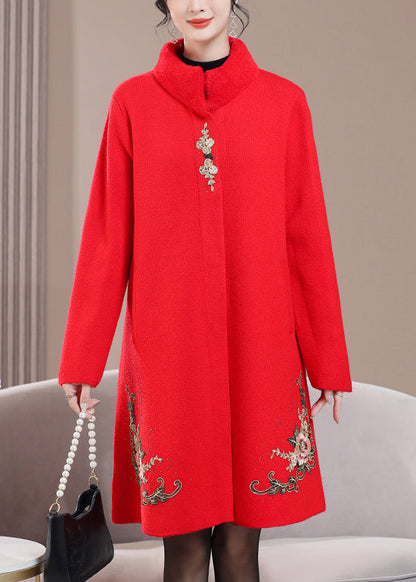 Red Pockets Zircon Wool Spring Coats Stand Collar