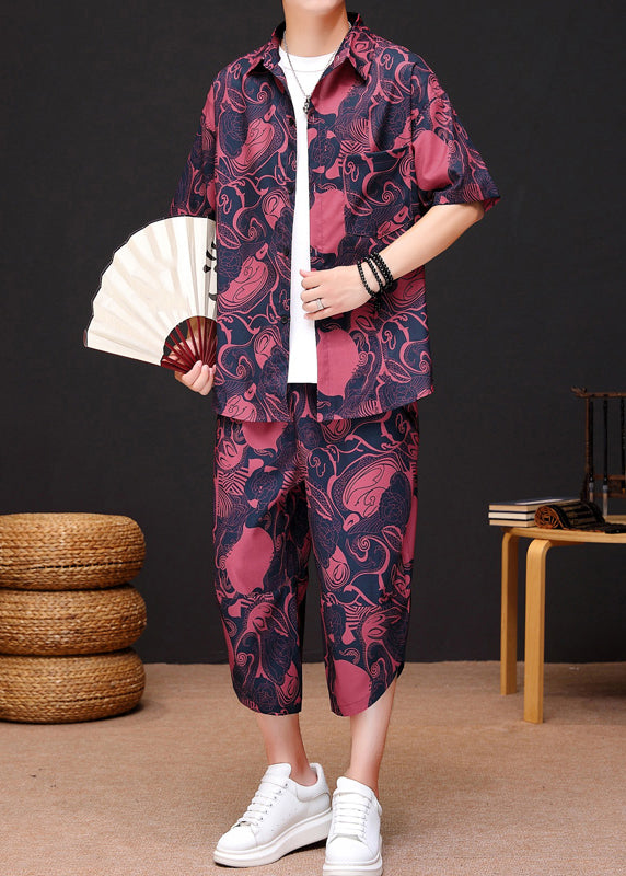 Red Print Button Ice Silk Shirt and Crop Pants Two Piece Set Summer