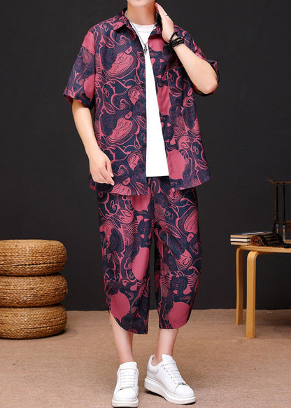 Red Print Button Ice Silk Shirt and Crop Pants Two Piece Set Summer