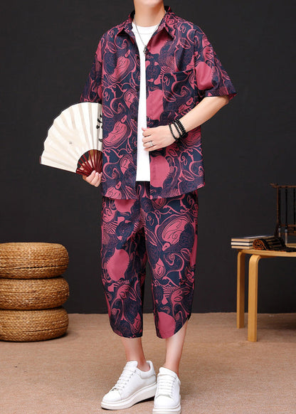 Red Print Button Ice Silk Shirt and Crop Pants Two Piece Set Summer
