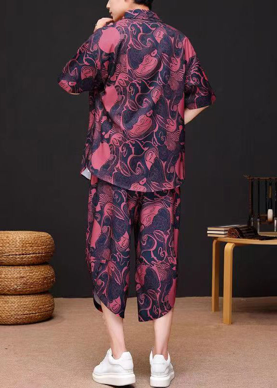 Red Print Button Ice Silk Shirt and Crop Pants Two Piece Set Summer