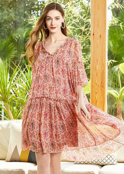 Red Print Chiffon a Line Dresses V Neck Lantern Sleeve