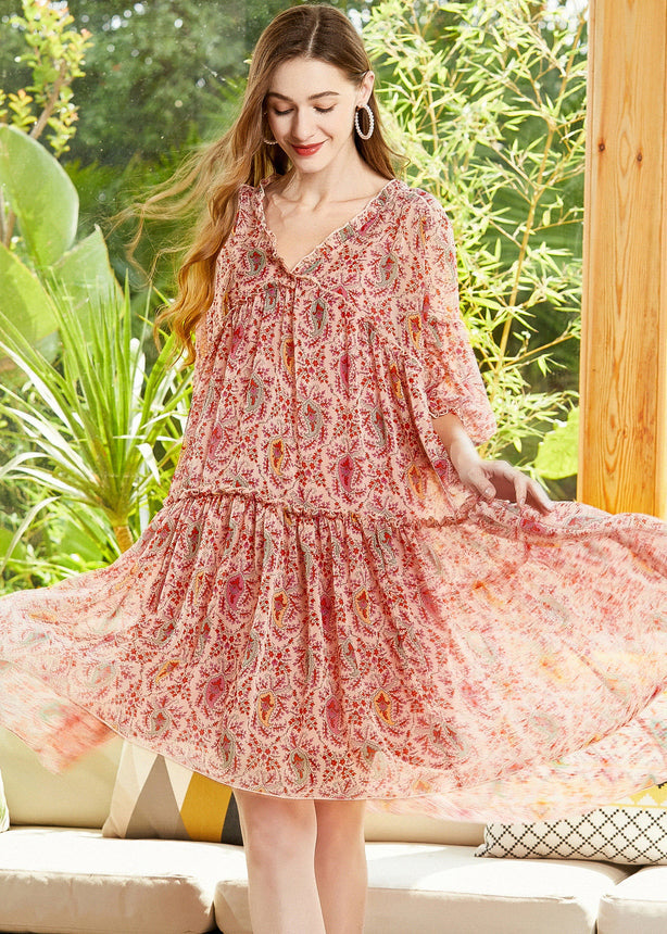 Red Print Chiffon a Line Dresses V Neck Lantern Sleeve