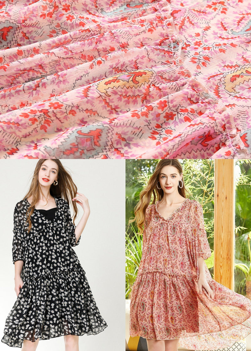 Red Print Chiffon a Line Dresses V Neck Lantern Sleeve