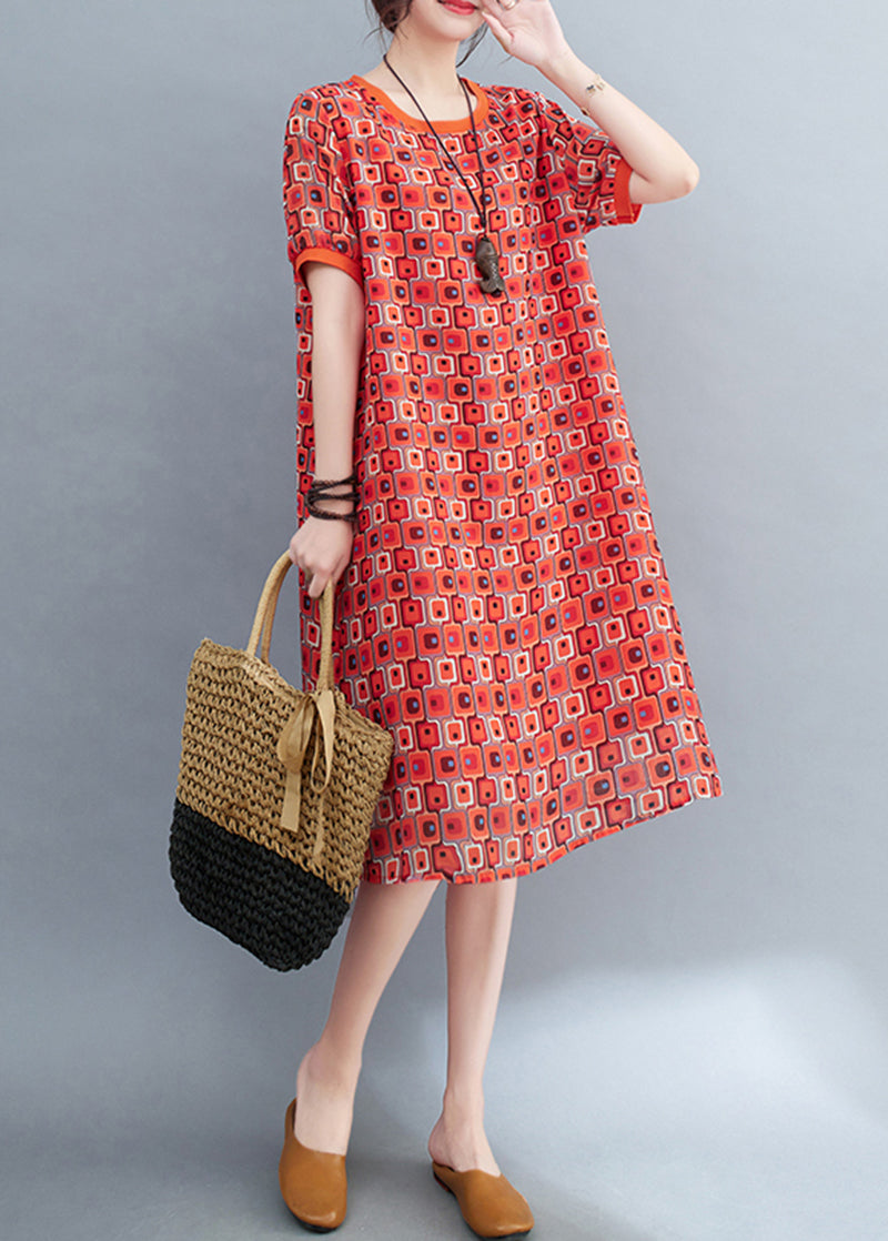 Red Print Chiffon Long Dress O-neck Oversized Summer